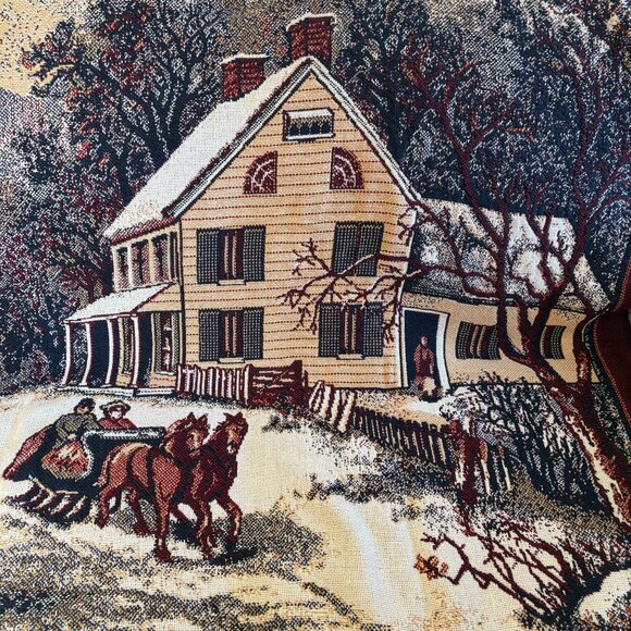 Goodwin Weavers Winter Farm Scene Tapestry Throw Blanket Sleigh Cotton Woven USA - Picture 5 of 7